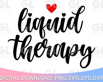 May include: Black and white cursive text that reads "liquid therapy" with a red heart above the word "liquid".