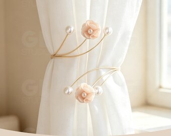Fabric Flower Pearl C-Shaped Curtain Tieback, Gold Window Holder, Cottage Cream Home Decor Gift