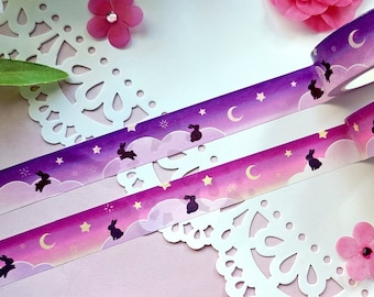 Cute Starry Bunny Washi Tape I 15 mm x 10m I Kawaii Washi Tape I Stationery Masking Tape I Pink & Purple Aesthetic
