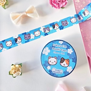 Cute Blue Kitty Cat Sakura Washi Tape I 15 mm x 10m I Kawaii Washi Tape I Stationery Masking Tape I Blue & White