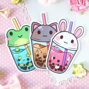 Cute Kawaii Bubble Tea Boba Animal Stickers I Frog I Bunny I Cat I Laminated I Glossy I Die-Cut I Waterproof I Laptop I Water Bottle