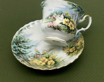 Xícara e pires de porcelana fina Royal Albert, cena campestre de Primrose Hill, final da década de 1950.