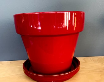 red glaze indoor plant pot with drainage and saucer 17cm/ 7 inches height