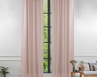 Linen Sheer Curtain Panel Set: Extra Long Pink Rod Pocket Curtains