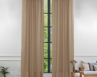 Linen Sheer Curtain Panel Set: Brown Extra Long Wide Rod Pocket