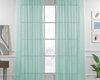 Teal Green Linen Textured Sheer Curtain Panel: Triple Pinch Pleated