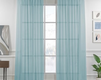 Aqua Linen Textured Sheer Curtain Panel: Triple Pinch Pleat