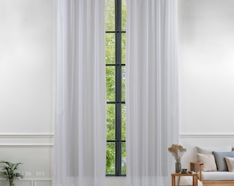 Set di tende trasparenti in lino bianco: extra lunghe, extra larghe, con tasca per asta