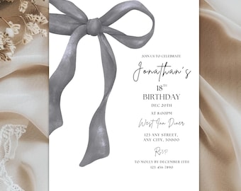 Editable Black Bow Birthday Invitation, Minimalist Black Coquette Bow Birthday Invite, Black Ribbon Adult Anniversary Party Canva Template