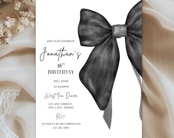 Editable Black Bow Birthday Invitation, Minimalist Black Coquette Bow Birthday Invite, Black Ribbon Adult Anniversary Party Canva Template