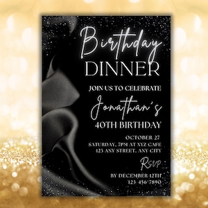 Faire-part numérique pour dîner d'anniversaire, invitation formelle glamour avec cravate noire, diamant noir argenté pour homme et femme, modèle de carte électronique modifiable