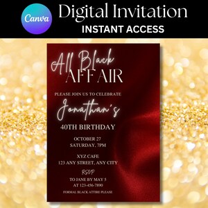 Invitación digital a cena de cumpleaños, invitación formal de etiqueta, invitación con diamantes rojos y plateados para hombre y mujer, plantilla autoeditable.