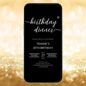 Birthday Dinner Digital Invitation, Black Party Formal Glam Invite, Minimalist Black Evite, Self Editable Template Instant Download eCard