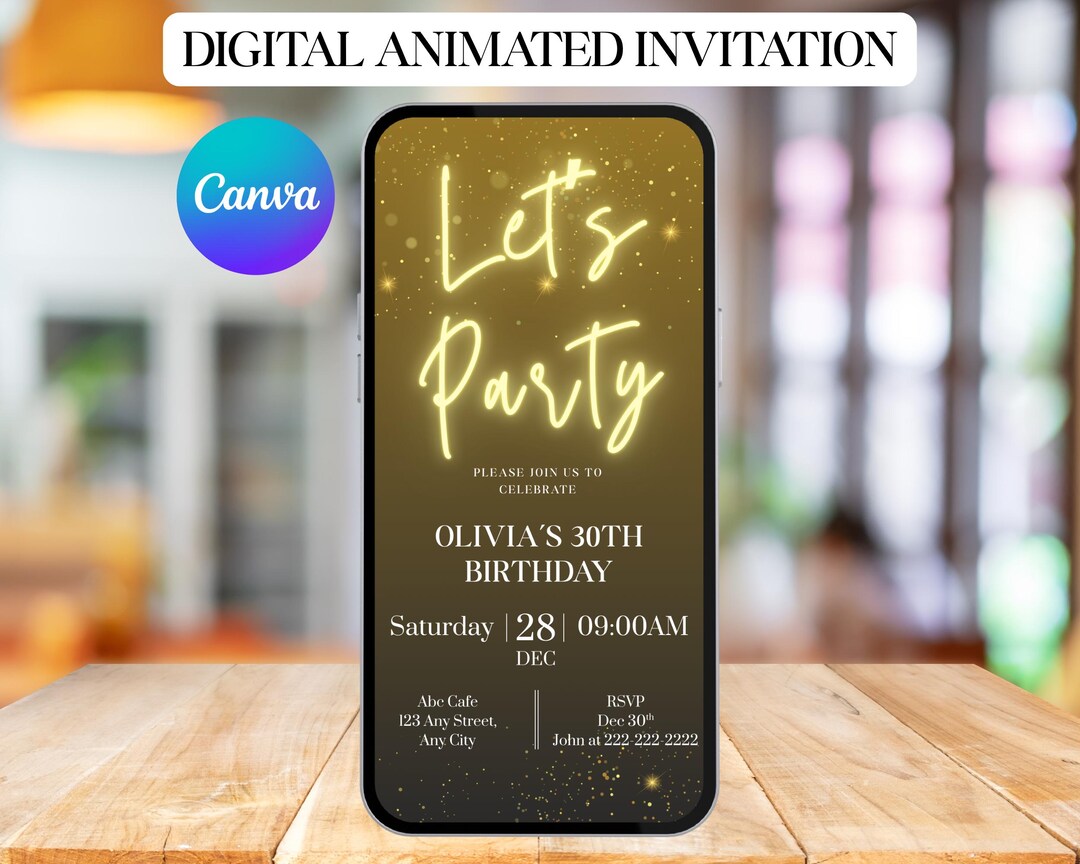 Let's Party Animated Birthday Invitation, Party Digital Yellow Neon ...
