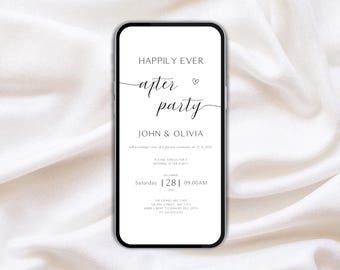 Puede incluir: Un smartphone muestra una invitación de boda con la frase "Happily Ever After Party" en una elegante escritura. La invitación incluye los nombres John & Olivia, detalles del evento y la dirección del lugar. El diseño es minimalista con borde negro y fondo blanco.