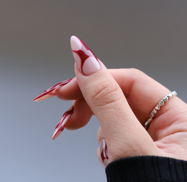 Red Abstract Art Almond Press on Nails Luxury Long Fake Nails - Etsy