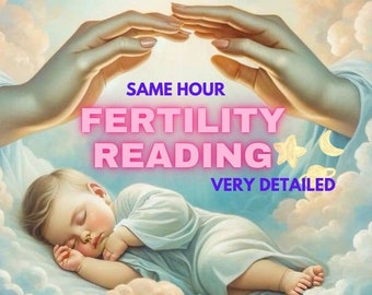May include: A sleeping infant in a white gown rests on soft clouds beneath two large hands. The text reads SAME HOUR FERTILITY READING in pink and VERY DETAILED in blue, accompanied by a small yellow star and crescent moon graphic.