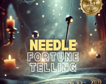 Puede incluir: Una aguja dorada se balancea sobre una brújula circular adornada con un fondo oscuro. El texto "NEEDLE FORTUNE TELLING" se muestra en letras amarillas. Una insignia dorada de "BEST SELLER" está en la esquina superior derecha.