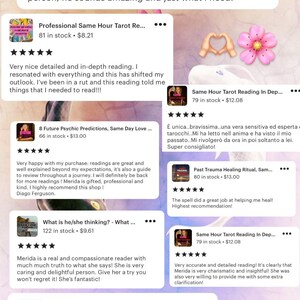 Op de afbeelding: Een collage van Etsy-productlistings voor tarot-lezingen. Elke listing bevat een productafbeelding, een sterbeoordeling, een korte beschrijving en klantrecensies. De listings omvatten lezingen voor de toekomstige echtgenoot, liefde op dezelfde dag, genezing van trauma uit het verleden en blinde tarot-lezingen.