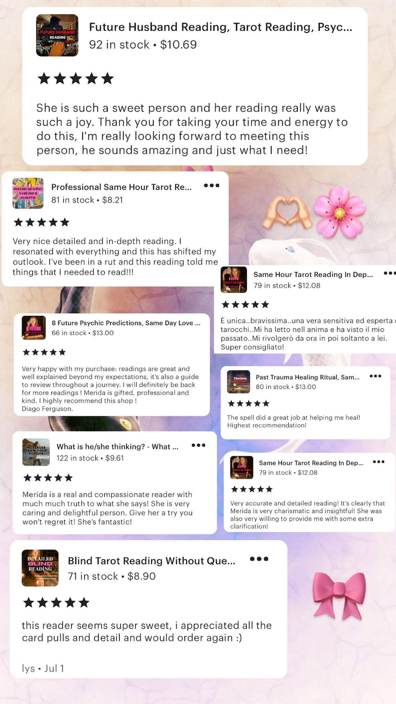 Op de afbeelding: Een collage van Etsy-productlistings voor tarot-lezingen. Elke listing bevat een productafbeelding, een sterbeoordeling, een korte beschrijving en klantrecensies. De listings omvatten lezingen voor de toekomstige echtgenoot, liefde op dezelfde dag, genezing van trauma uit het verleden en blinde tarot-lezingen.