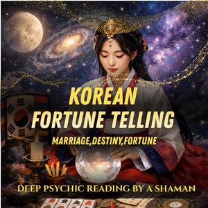 Peut inclure: Image promotionnelle de la voyance coréenne. L'image présente une femme en tenue coréenne traditionnelle, une boule de cristal et le texte "KOREAN FORTUNE TELLING" et "MARRIAGE, DESTINY, FORTUNE". L'arrière-plan comprend une galaxie et une lune.