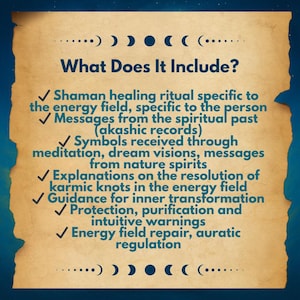 May include: A parchment-style paper with a blue border features the text "What Does It Include?" followed by a list of spiritual services. The list includes shaman healing rituals, messages from the past, and guidance for inner transformation.