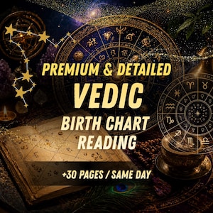 May include: An image promoting a Vedic birth chart reading. The design features a celestial background with astrological symbols, a detailed chart, and the text "PREMIUM & DETAILED VEDIC BIRTH CHART READING +30 PAGES / SAME DAY".