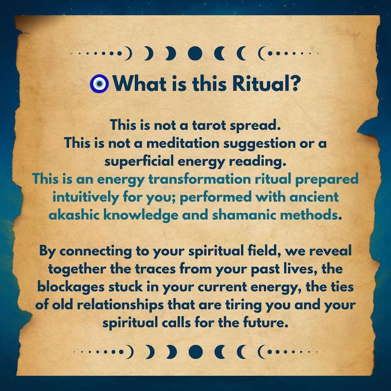 May include: A parchment-style graphic with a blue border and celestial symbols. The text reads "What is this Ritual?" followed by a description of an energy transformation ritual using ancient knowledge and shamanic methods.