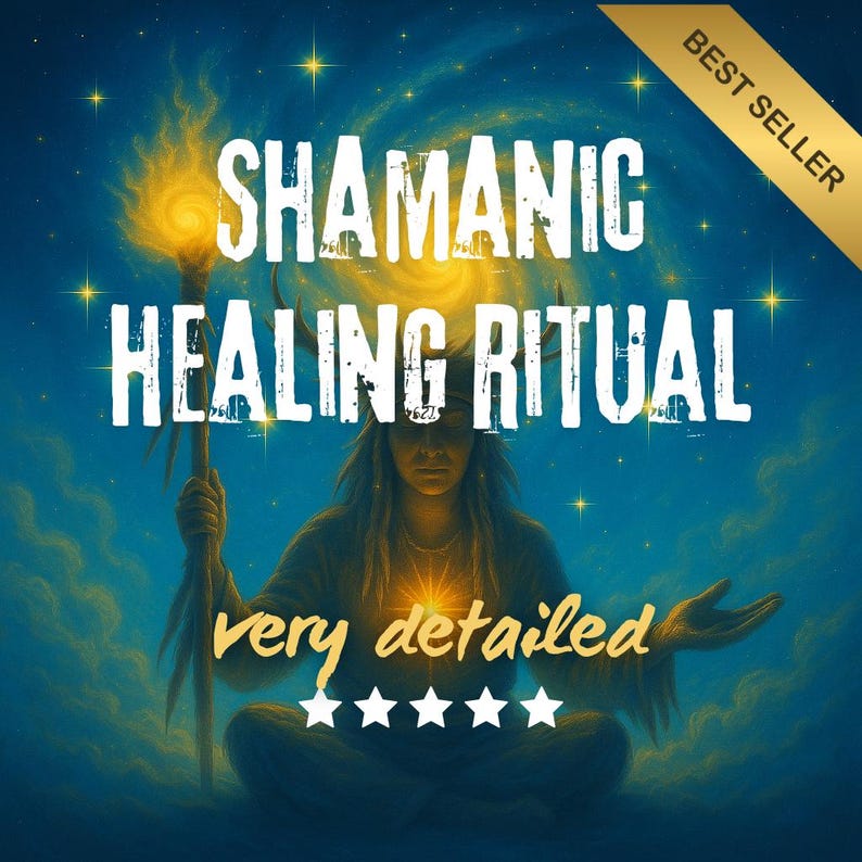 May include: Digital art featuring a shamanic figure in a meditative pose, holding a staff with a glowing flame. The text "SHAMANIC HEALING RITUAL" is displayed above, with "very detailed" below. A "BEST SELLER" banner is in the upper right.