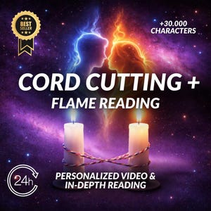 May include: An image with a cosmic background features the text "CORD CUTTING + FLAME READING." Two candles are lit, wrapped with a decorative cord. The image also includes the text "PERSONALIZED VIDEO & IN-DEPTH READING" and a "BEST SELLER" badge.