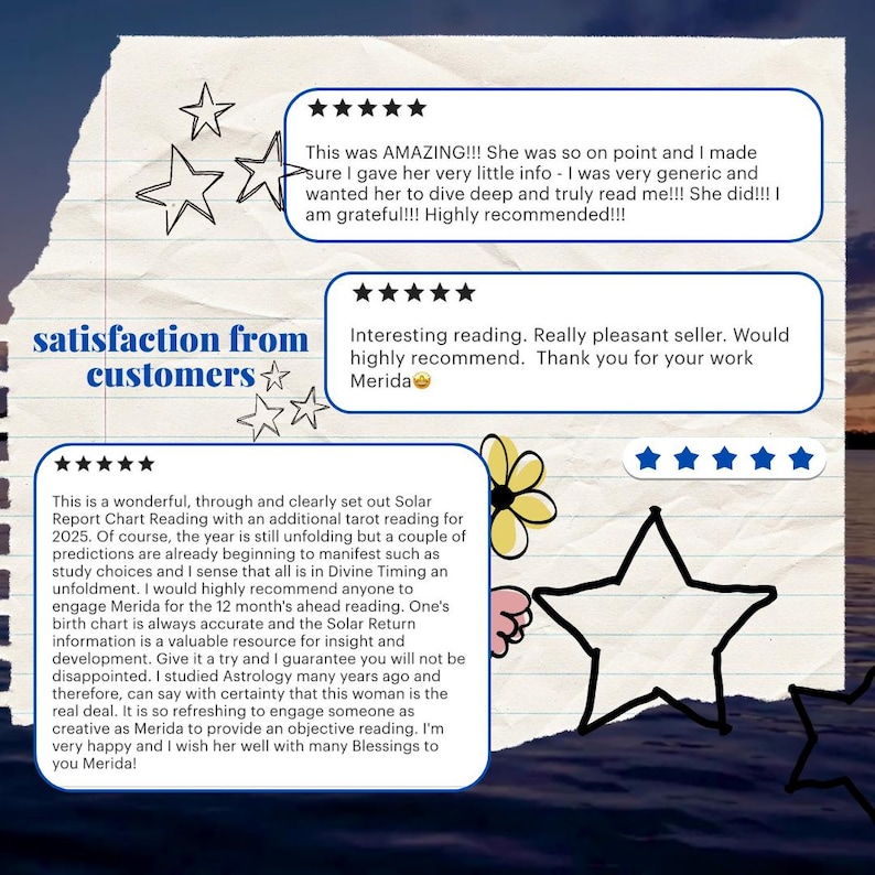 May include: Image featuring customer satisfaction reviews. Text includes positive feedback and recommendations for a service. Decorative elements include stars and floral accents. The overall theme suggests a service-based business.