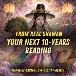 May include: An illustration featuring a woman in traditional attire, wearing a black hat and holding a fan and drum. The text reads "FROM REAL SHAMAN YOUR NEXT 10-YEARS READING" with keywords: MARRIAGE-CAREER-LOVE-DESTINY-HEALTH.