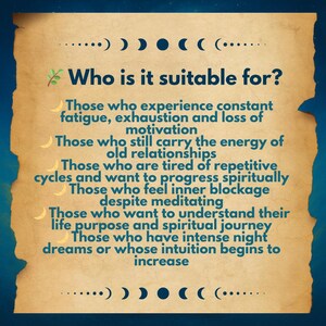 May include: A parchment-style graphic with a blue background features the text "Who is it suitable for?" followed by a list of scenarios. The text is in a teal color, and the background has a vintage aesthetic with moon phase illustrations.