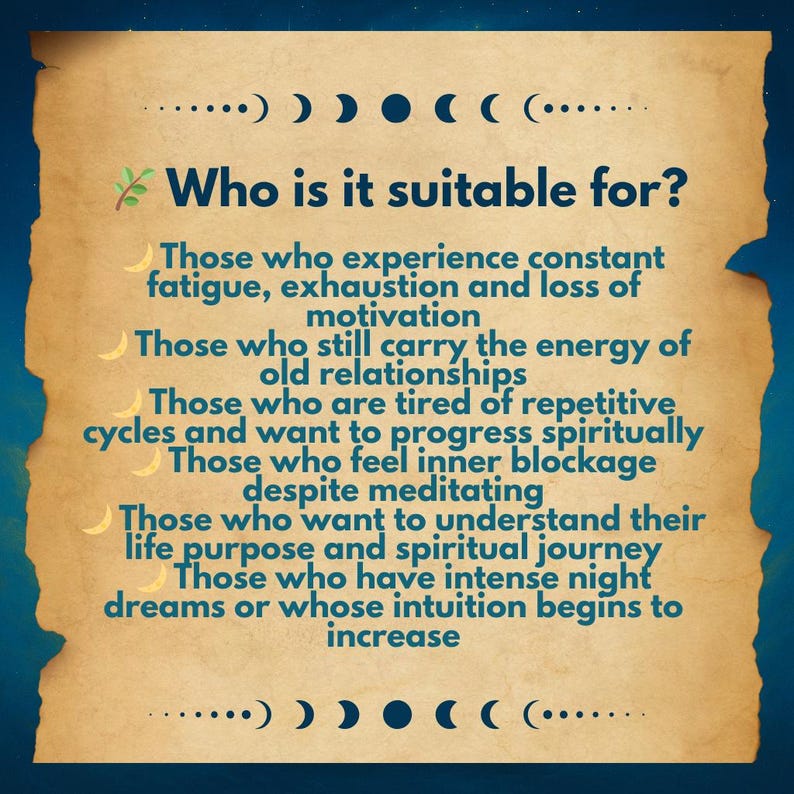 May include: A parchment-style graphic with a blue background features the text "Who is it suitable for?" followed by a list of scenarios. The text is in a teal color, and the background has a vintage aesthetic with moon phase illustrations.