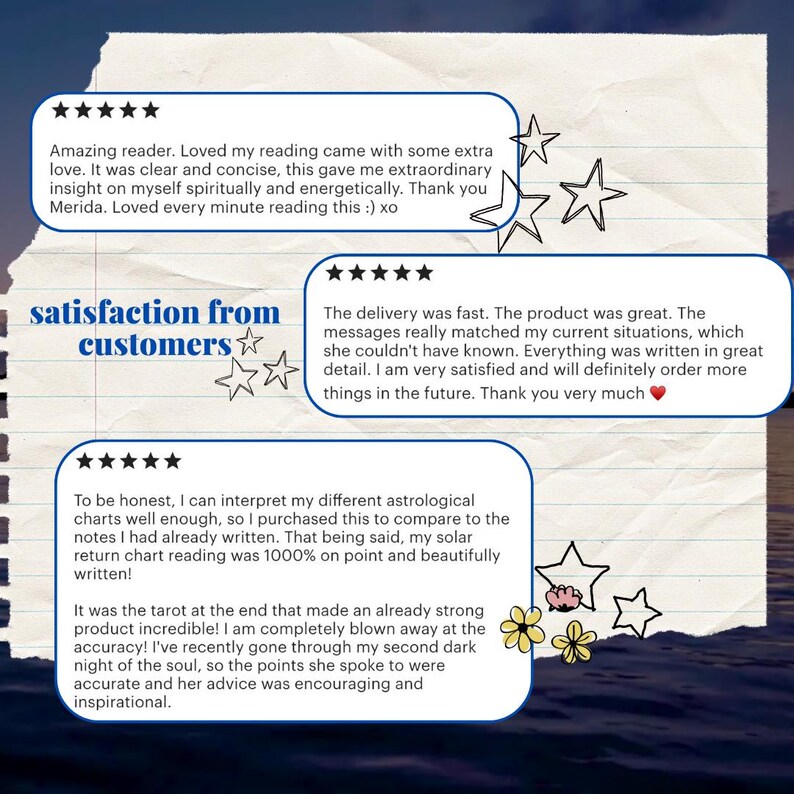 May include: Five-star reviews for a tarot reading service. The reviews highlight the accuracy, clarity, and helpfulness of the readings. The text includes phrases like "extraordinary insight", "1000% on point", and "completely blown away".