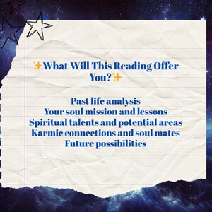 以下が含まれることがあります： ノートのような青い線が引かれた白い紙に、「What Will This Reading Offer You?」というテキストと、「Past life analysis」、「Your soul mission and lessons」、「Spiritual talents and potential areas」、「Karmic connections and soul mates」、「Future possibilities」などのトピックのリストが書かれています。