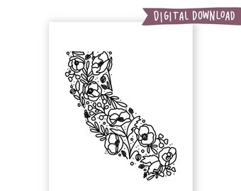 Kaliforniens blomtryck, digital PDF-nedladdning, Kalifornienkonst, blommigt kaliforniskt tryck, Kalifornientryck, inflyttningspresent, statstryck