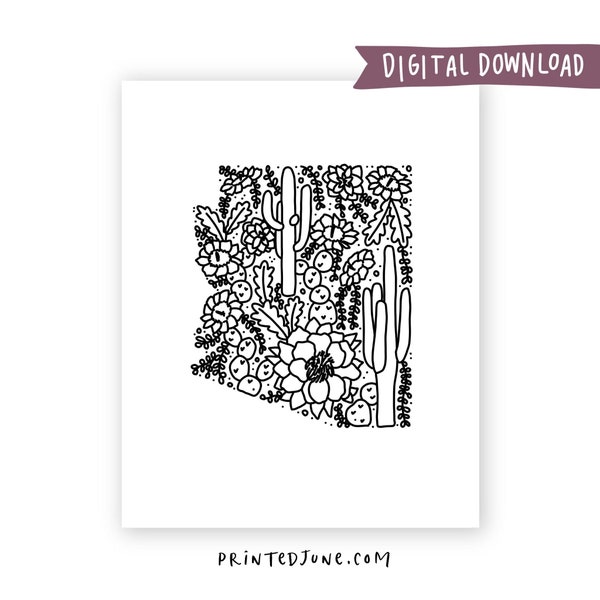 Arizona Floral Print, Digital PDF Download, Arizona Art Printable, Floral Arizona Print, Arizona State Print, Housewarming Gift, State Print