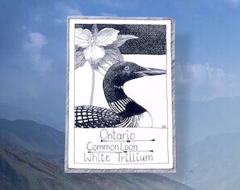 Ontario Postcard - Provincial Theme - Canadian Birds and Floral Emblems, Illustrative, Hand Drawn, Junk Journal Supplies