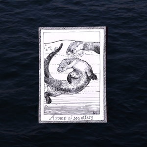 Sea Otters Postcard - Sea Life - Hand Drawn and Printed, Themed, Illustrative Black and White Art, Junk Journal Supplies