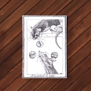 Carte postale rat - rongeurs mignons - dessinés et imprimés à la main, illustration en noir et blanc, fournitures pour journaux indésirables