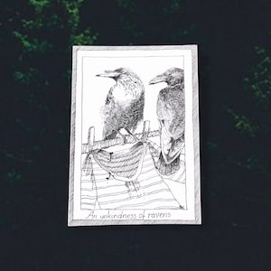 Corbeaux - cartes postales sur le thème des oiseaux - dessinés et imprimés à la main, illustration en noir et blanc