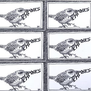 Carte de remerciements - Mini carte de remerciement, dessinée et imprimée à la main, illustration en noir et blanc, fournitures pour journaux indésirables