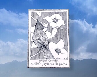 British Columbia Postcard - Provincial Theme - Canadian Birds and Floral Emblems, Illustrative, Hand Drawn, Junk Journal Supplies