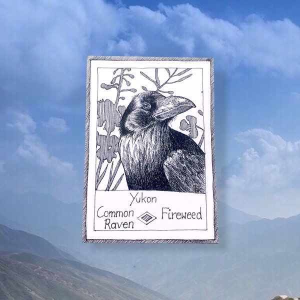 Yukon Postcard - Provincial Theme - Canadian Birds and Floral Emblems, Illustrative, Hand Drawn, Junk Journal Supplies