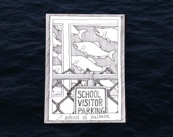 Salmon Postcard - Sea Life - Printed, Illustrative Art, Junk Journal Supplies, Hand Drawn