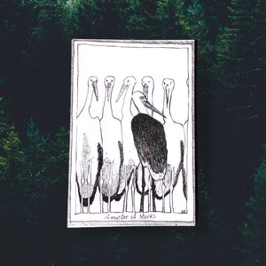 Storks - Themed Bird Postcards - Hand Drawn and Printed, Illustrative Black and White Art