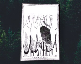 Storks - Themed Bird Postcards - Hand Drawn and Printed, Illustrative Black and White Art