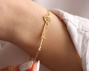 Bracciale con nome del fiore di nascita, braccialetto con nome del fiore di nascita, braccialetto con nome personalizzato, braccialetto con nome personalizzato con fiore di nascita, regalo personalizzato