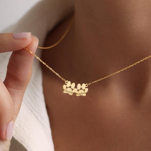 May include: Gold necklace with two paw print charms engraved with the names "Rosie" and "Daphne".